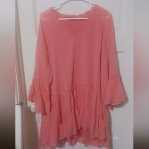 Romans Womens Flowy Pink Coral Blush Ruffle Tunic 24w A-51